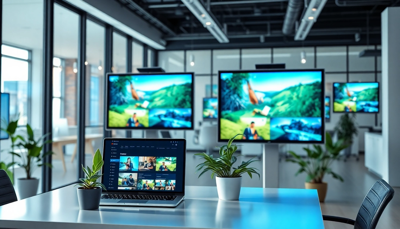 Showcase of a Free signage platform for businesses on a sleek modern workspace with vibrant displays.