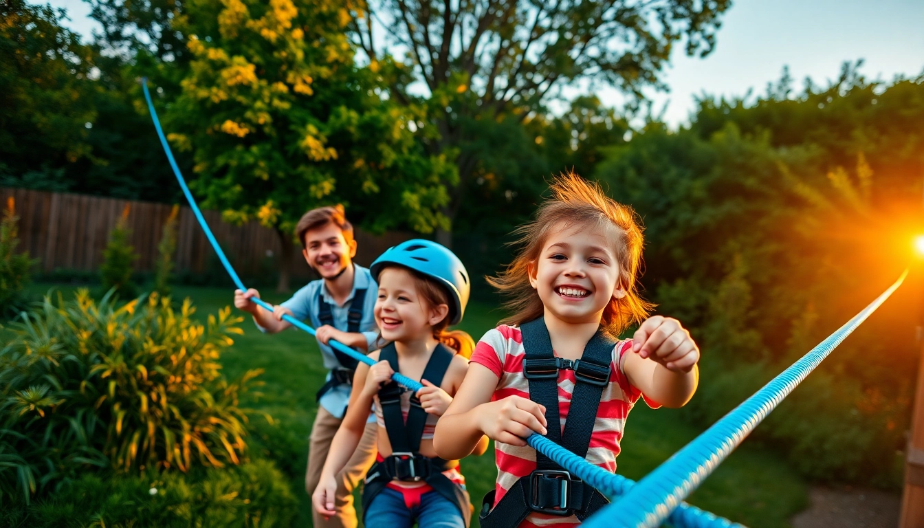 Excited kids using ZIP WIRE KITS in a colorful backyard setting with vibrant safety gear.