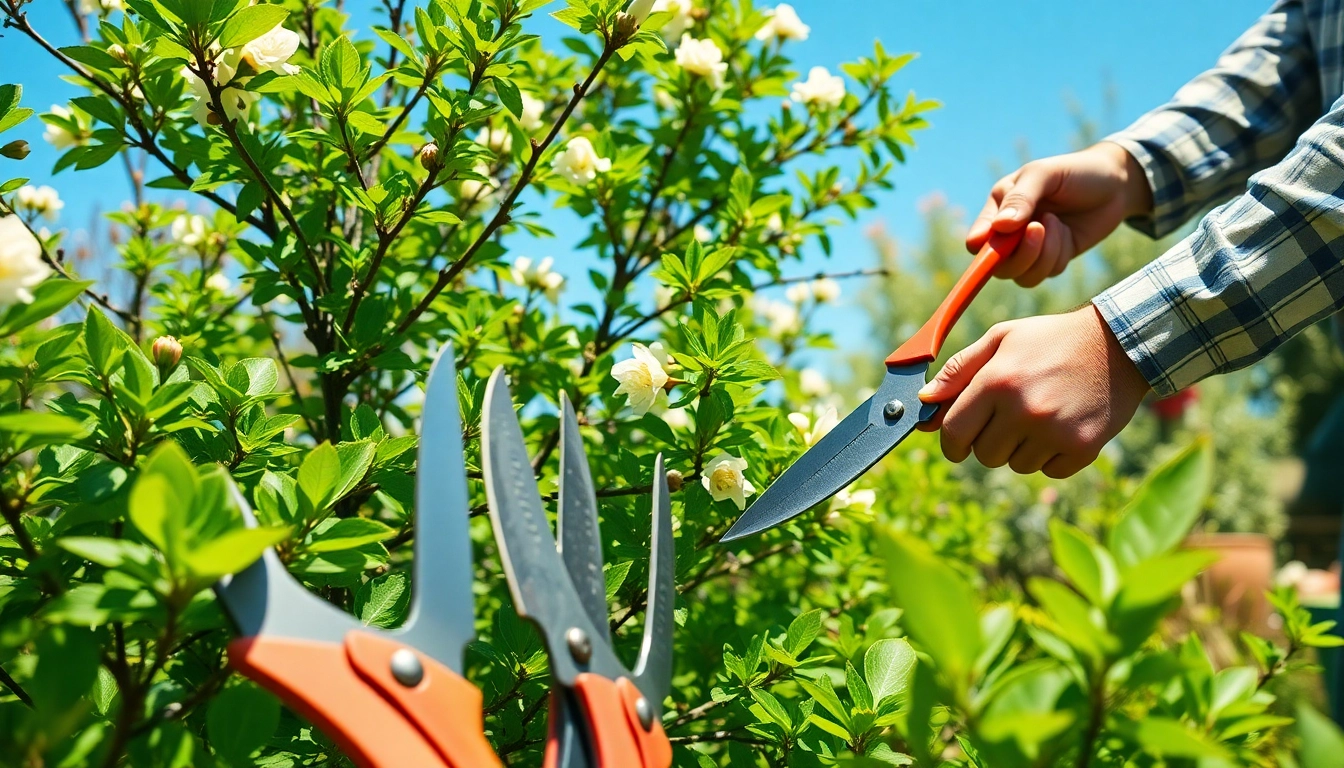 Activiteiten tijdens het snoeiseizoen, terwijl een tuinier bomen en struiken snoeit.