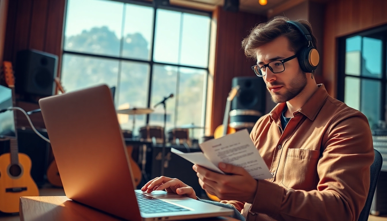 Engaging in music pitching from a studio workspace, musician developing creative ideas.