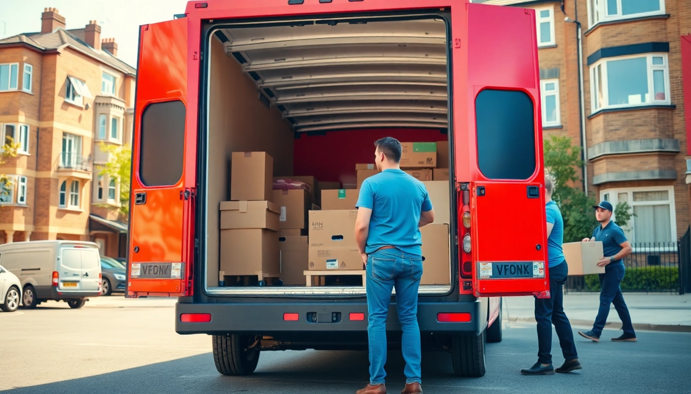 Skilled team from a removal company east London loading furniture into a modern moving van.