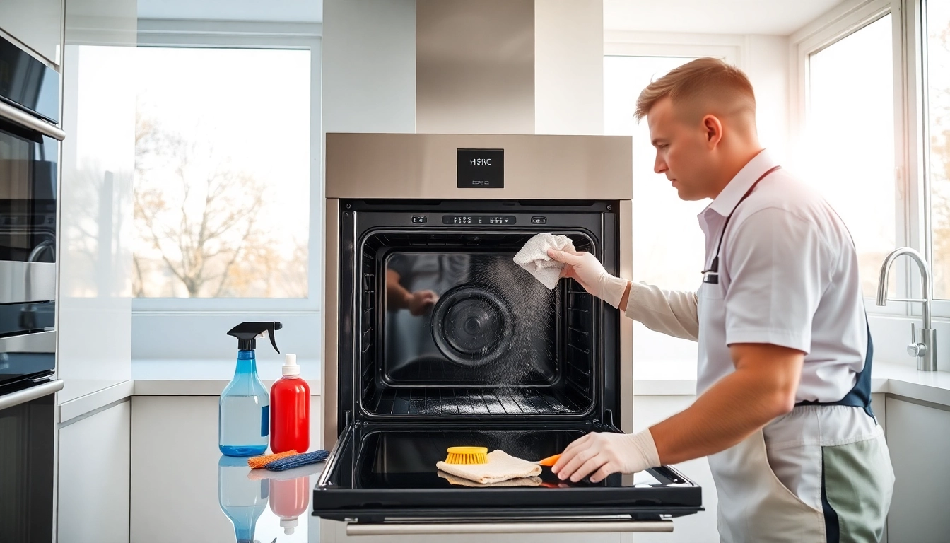 Expert oven cleaning dubai showcasing a professional technician in a bright kitchen.