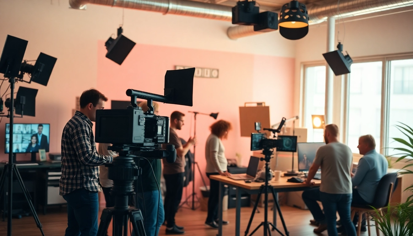 Creative team at a 영상업체 collaborating on a brand film project in a modern studio.