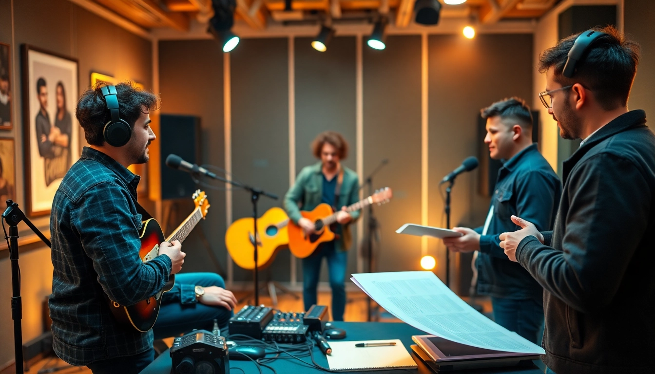 Engaging session showcasing music promotion services with artists strategizing in a studio.