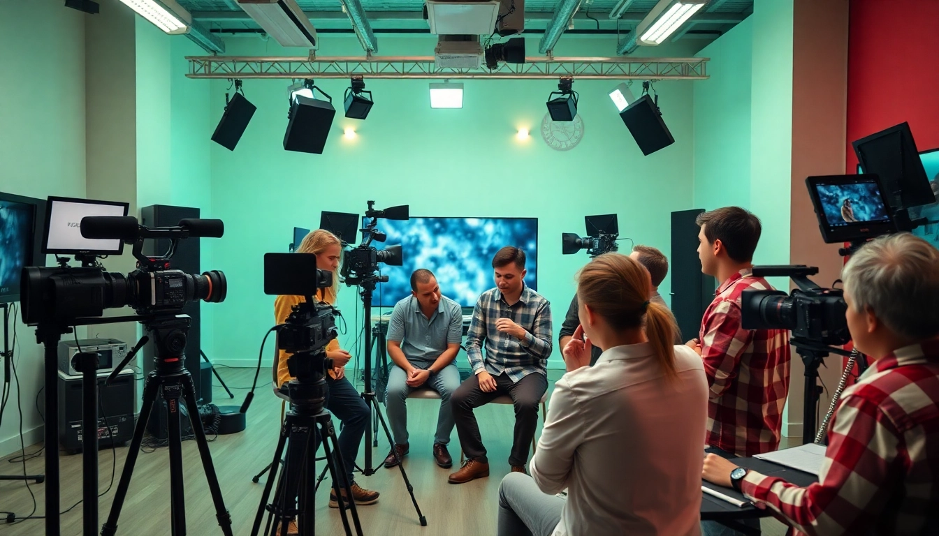 Collaborative team of 영상업체 professionals engaged in video production brainstorming.
