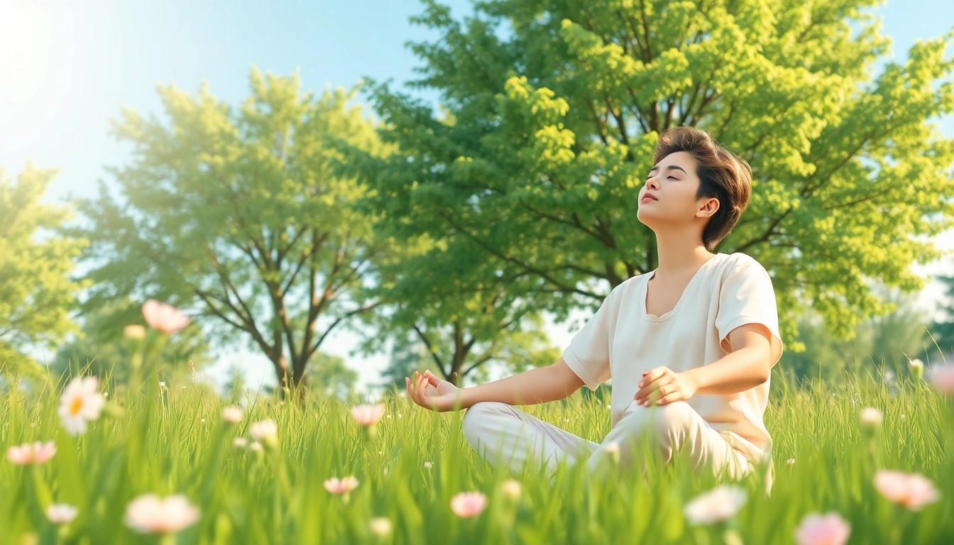 Person practicing deep breathing outdoors for dealing with stress in a serene environment.