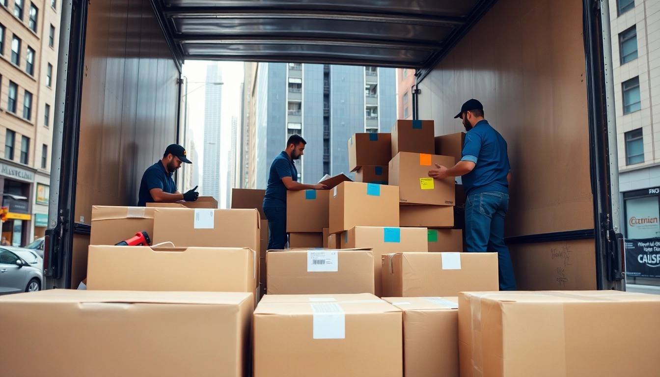 Efficient long-distance movers loading boxes and furniture into a truck in an organized manner.