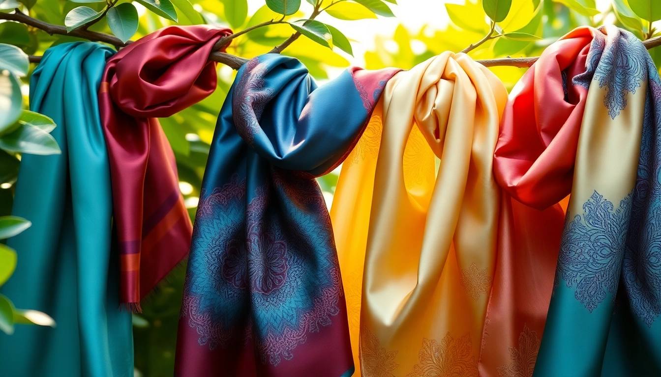 Show beautiful silk scarves for women elegantly displayed among lush greenery with vibrant colors and intricate patterns.