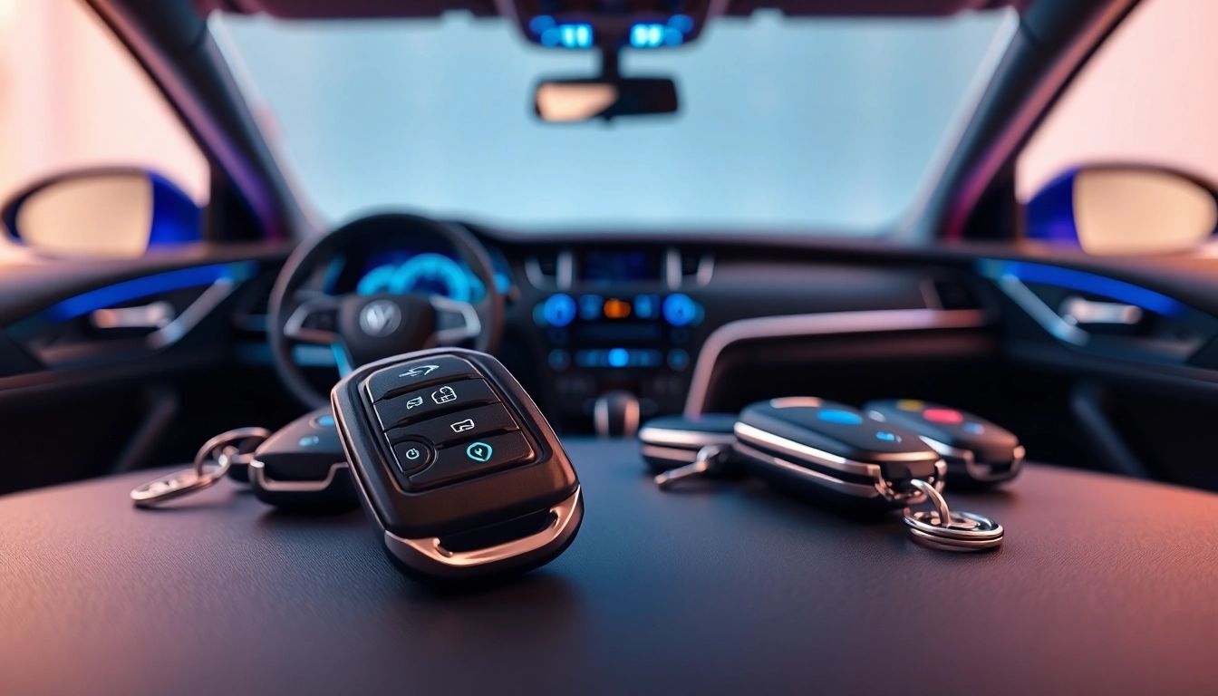 Examine keyless carkeys featuring various designs on a modern car dashboard, emphasizing advanced technology.