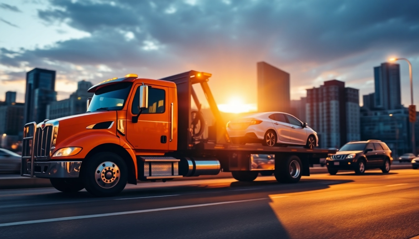 Towing Service featuring a tow truck in action during sunset in a city setting.