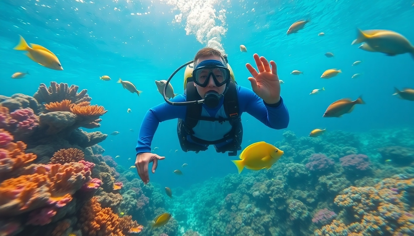 Diving in San Pedro Belize showcases a diver surrounded by vibrant coral reefs and marine life.