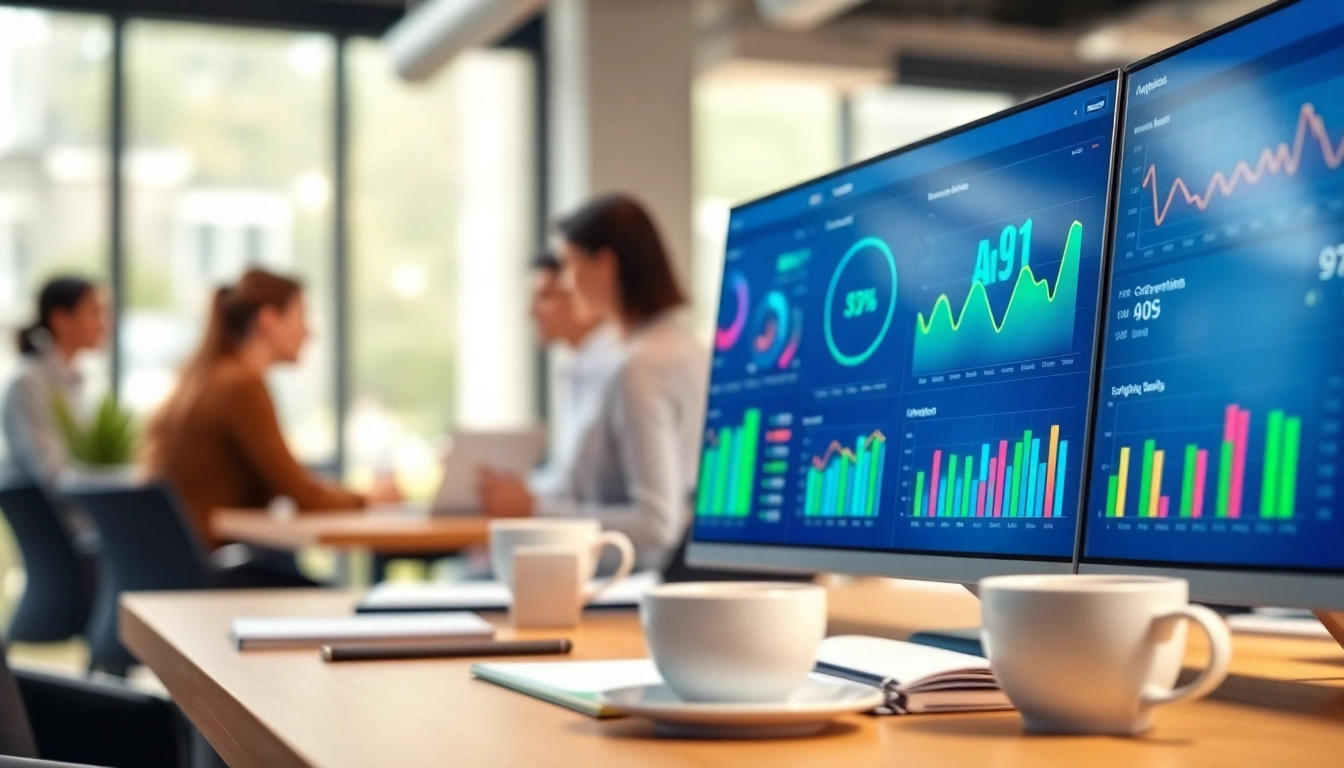 Visualize ai for competitor analysis through a dynamic analytics dashboard and professionals engaging with AI technology.