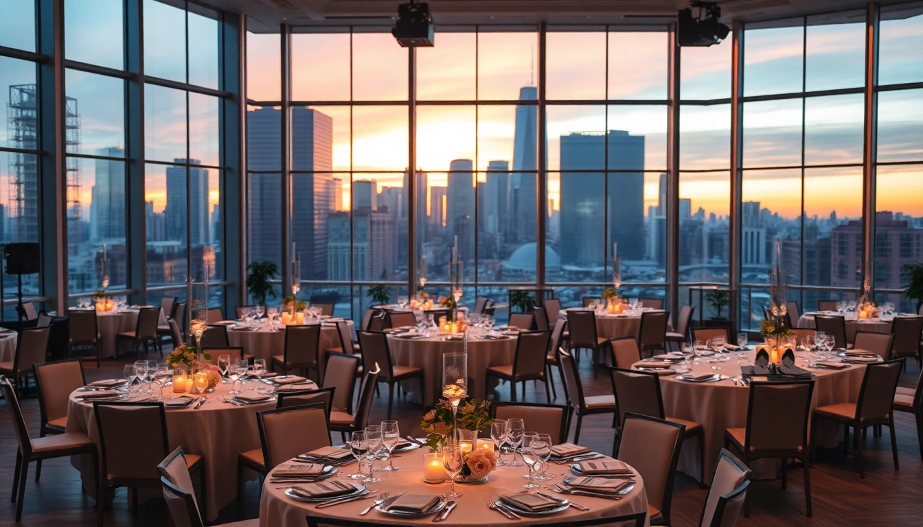 View of a sophisticated trenton event center set for an elegant gathering with modern decor and city skyline.