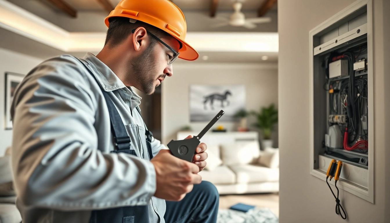 Electrician inspecting residential wiring in a well-lit modern home environment.