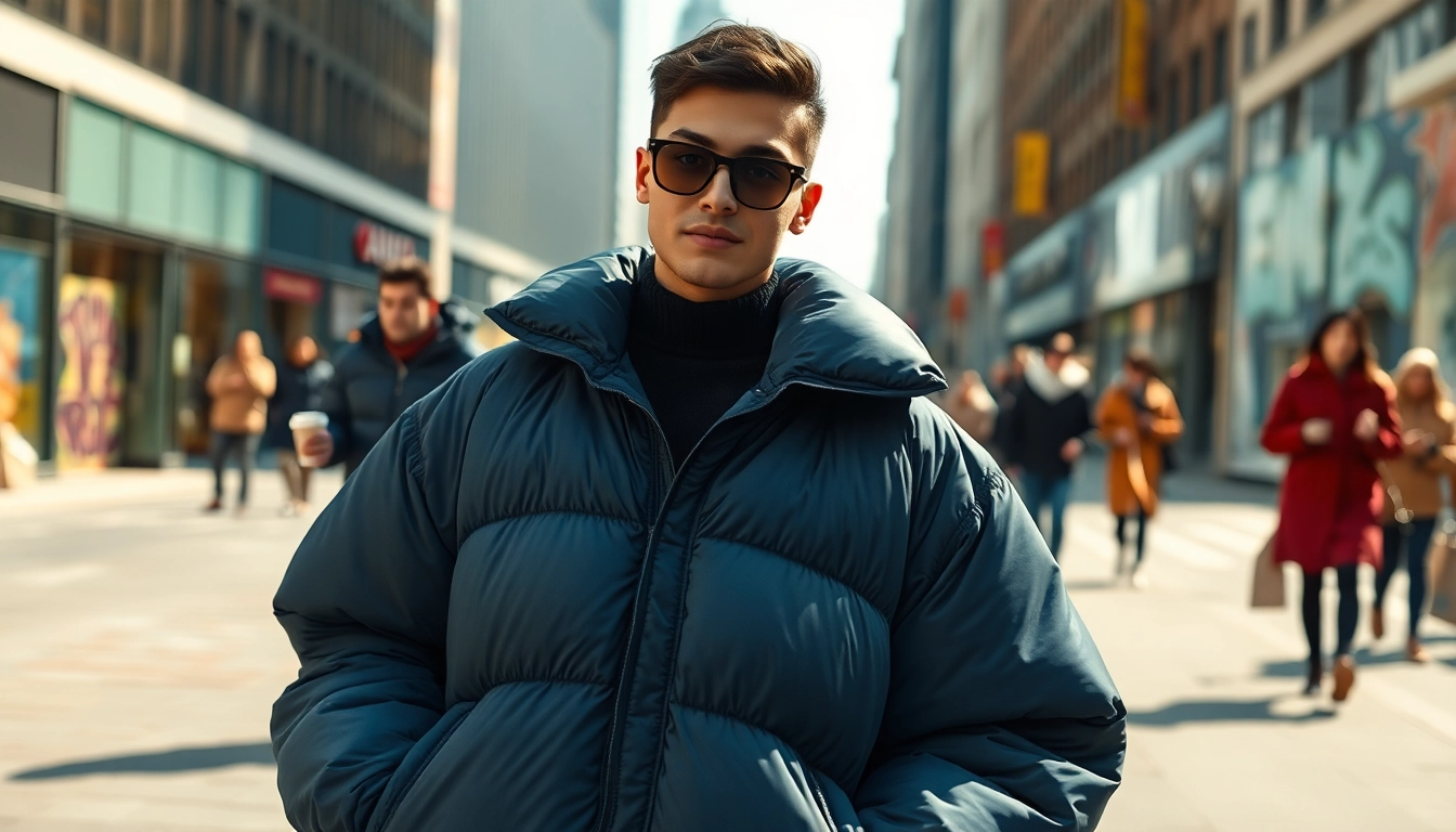 Model showcasing an Oversize Puffer Jacket in a vibrant urban setting with dynamic textures.