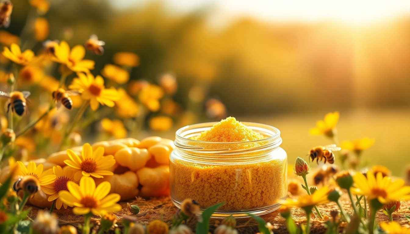 Enhance your health with Bee pearl powder in a natural setting, showcasing its vibrant, golden texture.