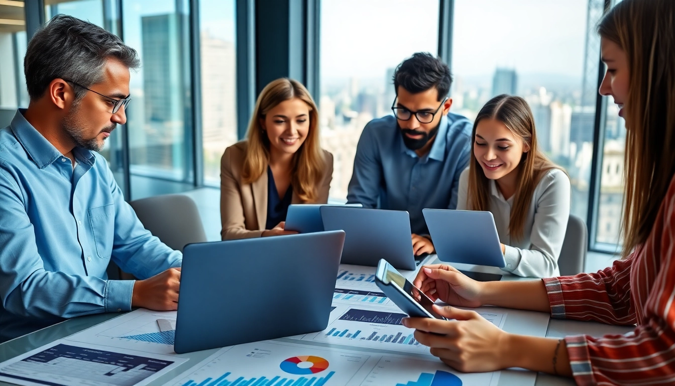 Analyze competitive intelligence data with a diverse team in a modern office setting.