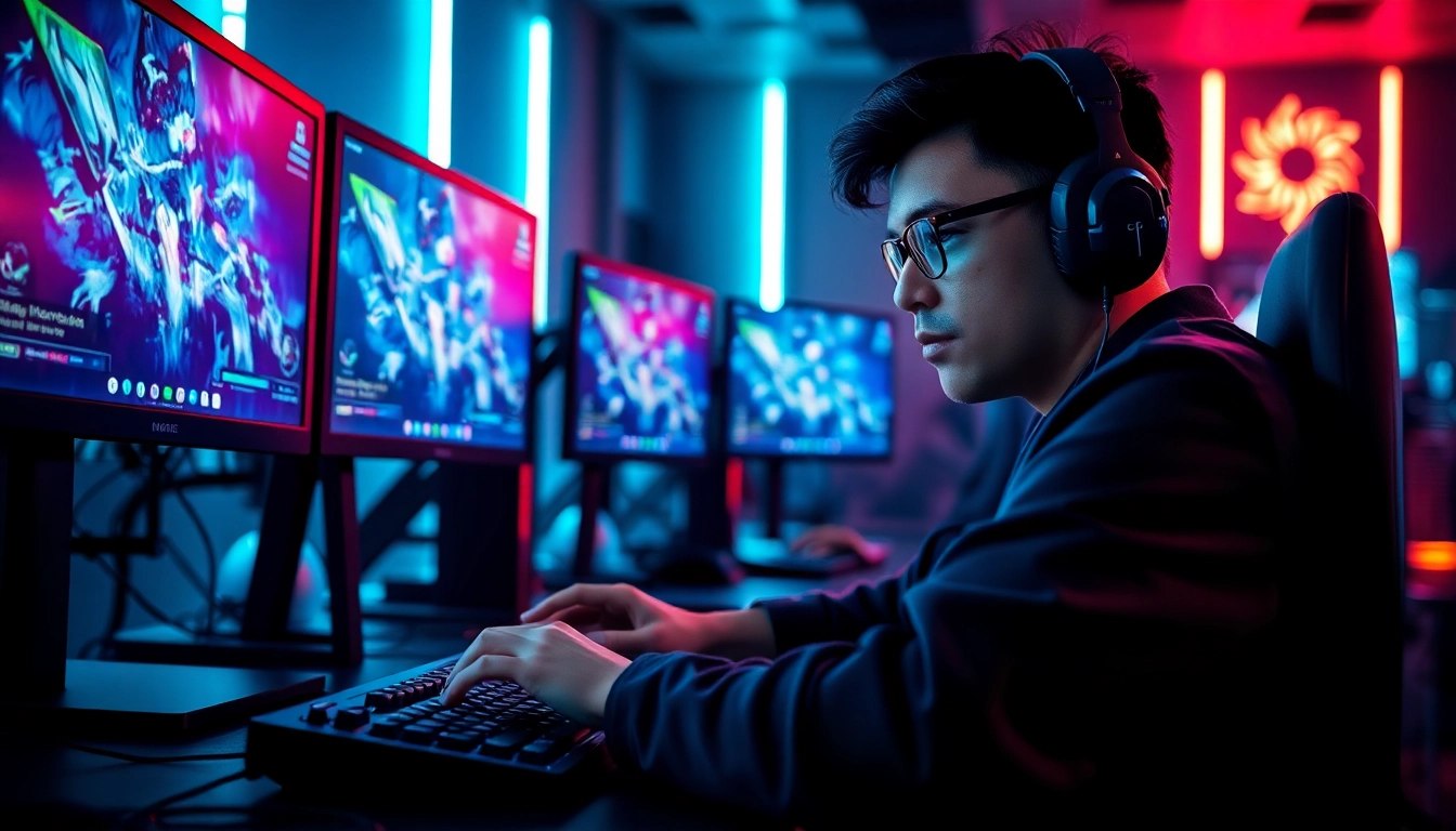 Engaging gamer utilizing dma cheats to enhance game performance in a vibrant setting.