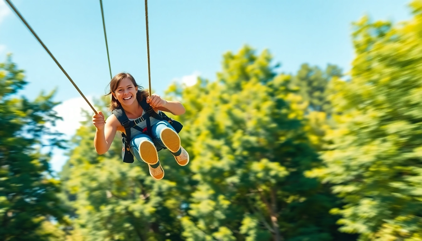 Enjoying adventure on a ZIP WIRE KIT surrounded by lush greenery and a bright blue sky.