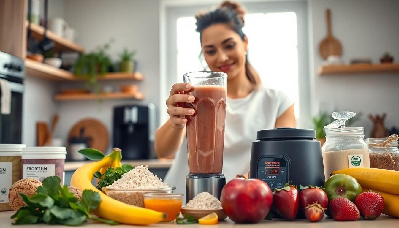 Mixing protein powder in a blender with fresh ingredients for a healthy smoothie.