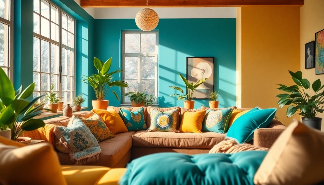 Creative living room with eclectic decor showcasing comfort and vibrant colors.