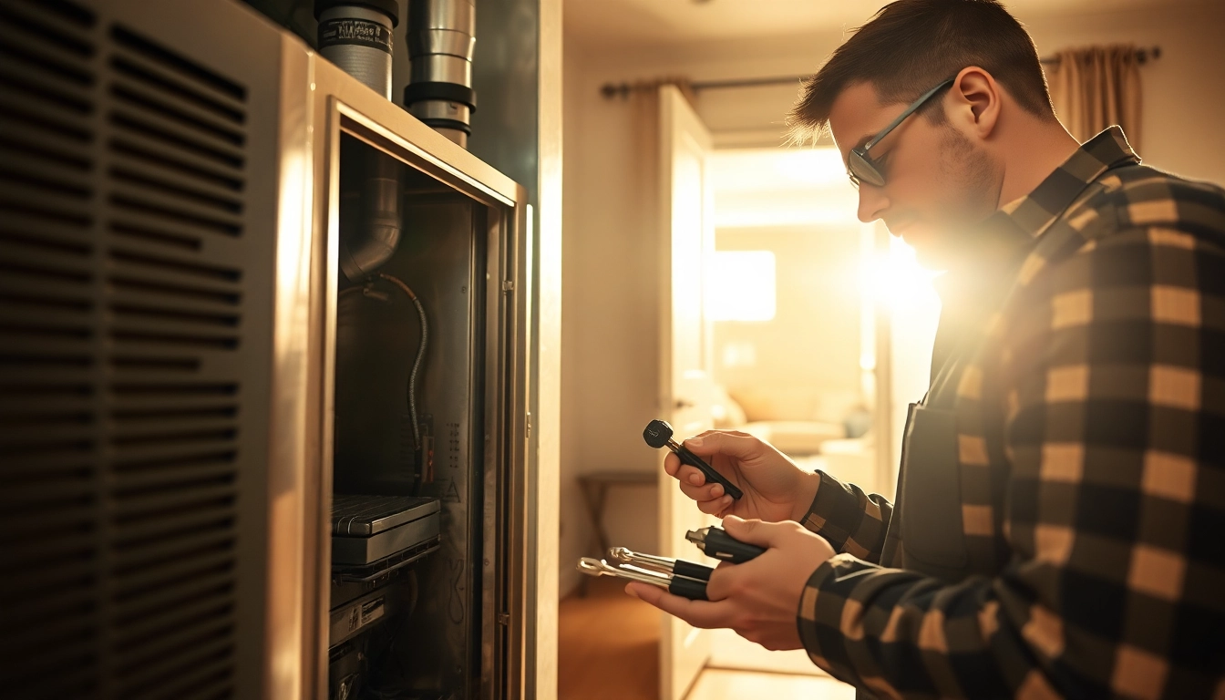 Furnace repair Brentwood TN with a technician working on a modern gas furnace in a home.