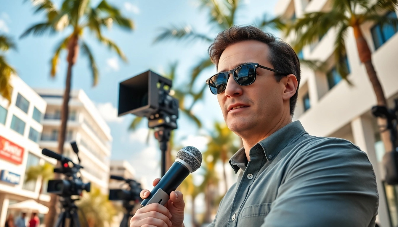 Report on fort myers news with a journalist amidst a lively urban backdrop.