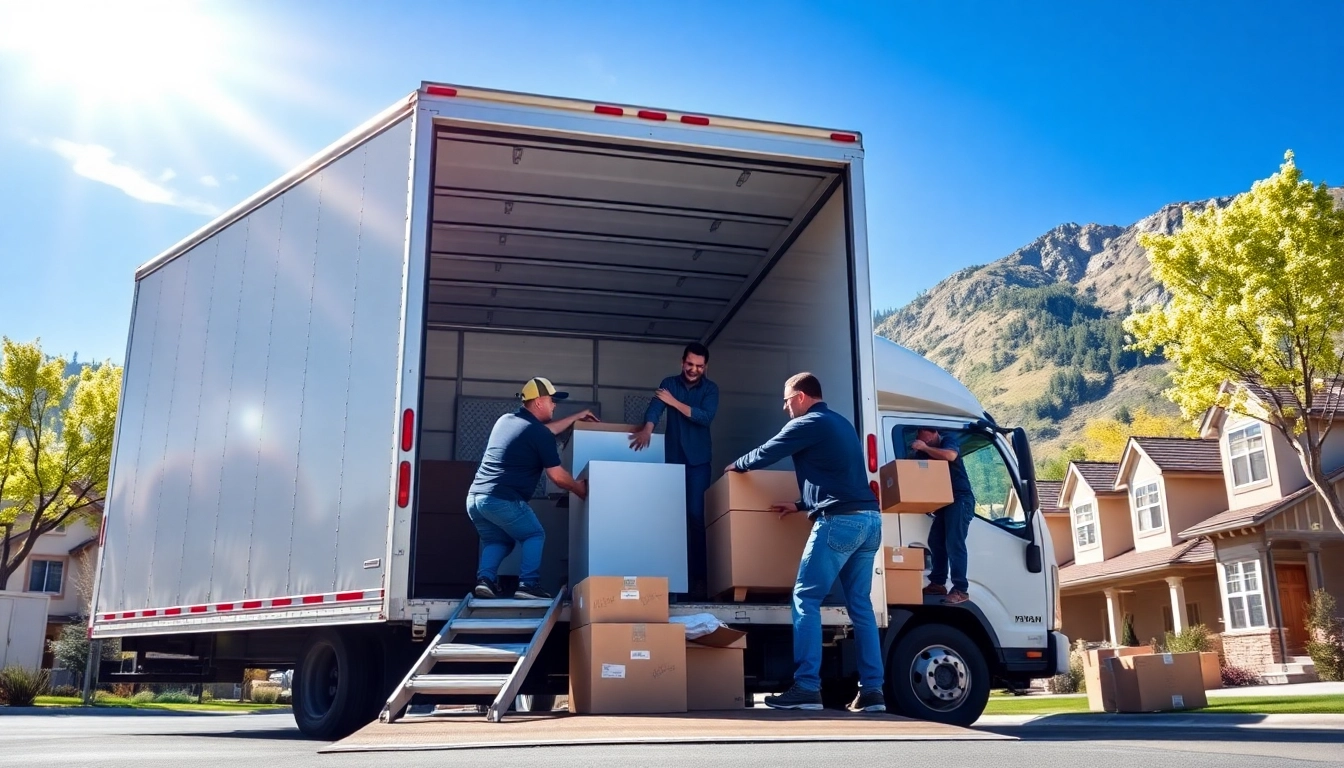 Colorado movers diligently loading a truck against a scenic Colorado backdrop.