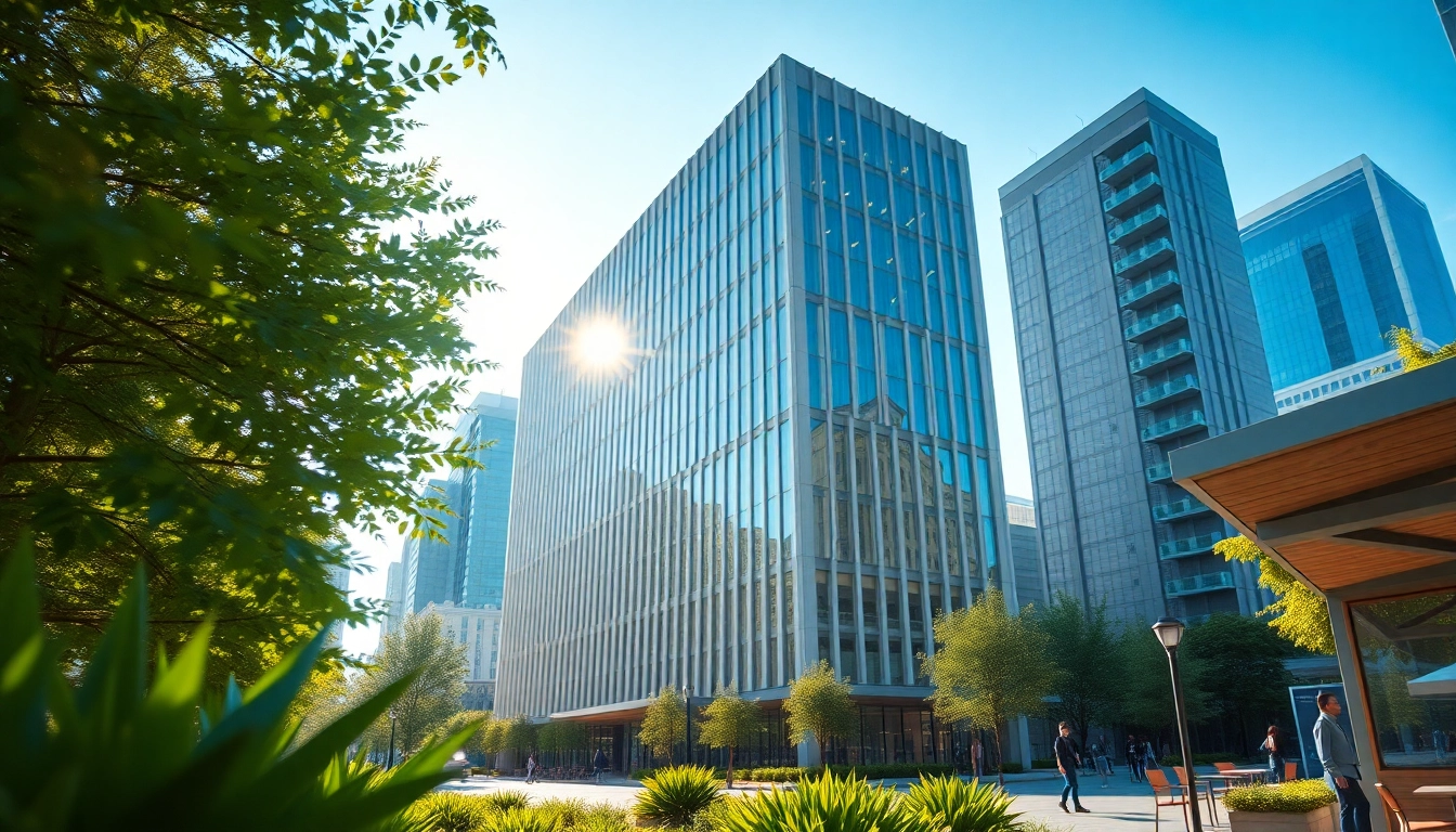 Architektur Visualisierung: Modernes Bürogebäude in urbaner Umgebung mit lebendiger Atmosphäre.