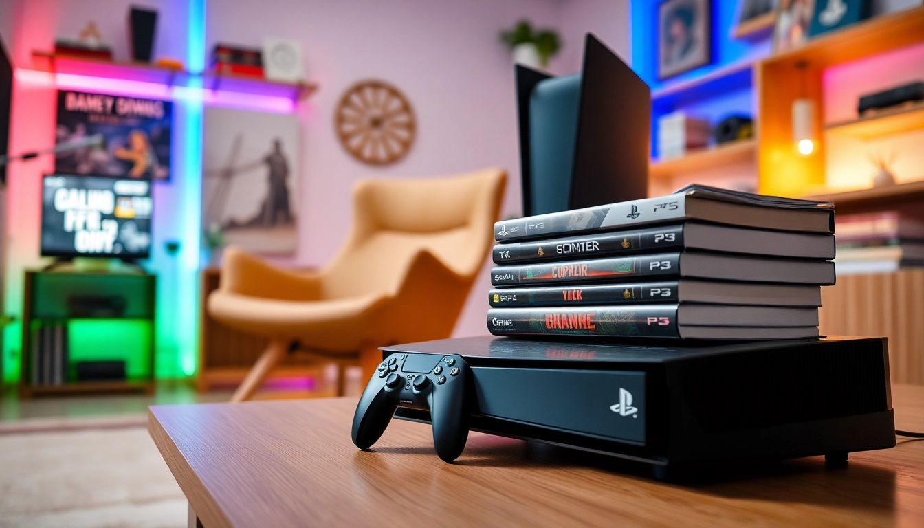 Showcase of PS5 games arranged with a PlayStation 5 console in a stylish gaming setup.