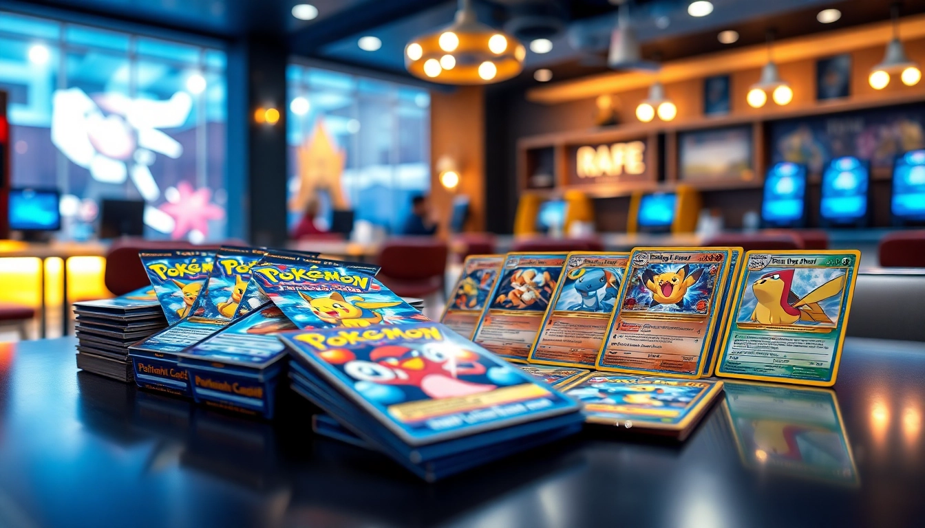 Shop authentic Pokemon tcg india cards in a vibrant gaming café setting with colorful packs and rare cards.