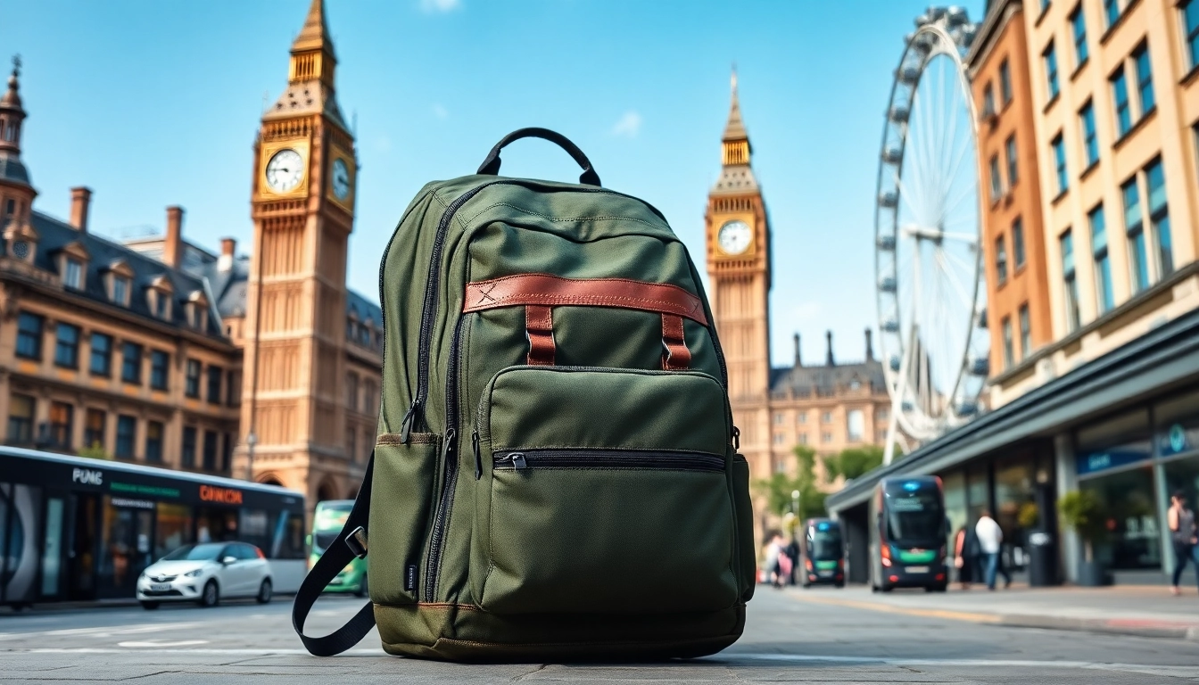 A stylish London Backpack brand featured against London's iconic skyline, showcasing urban adventure.