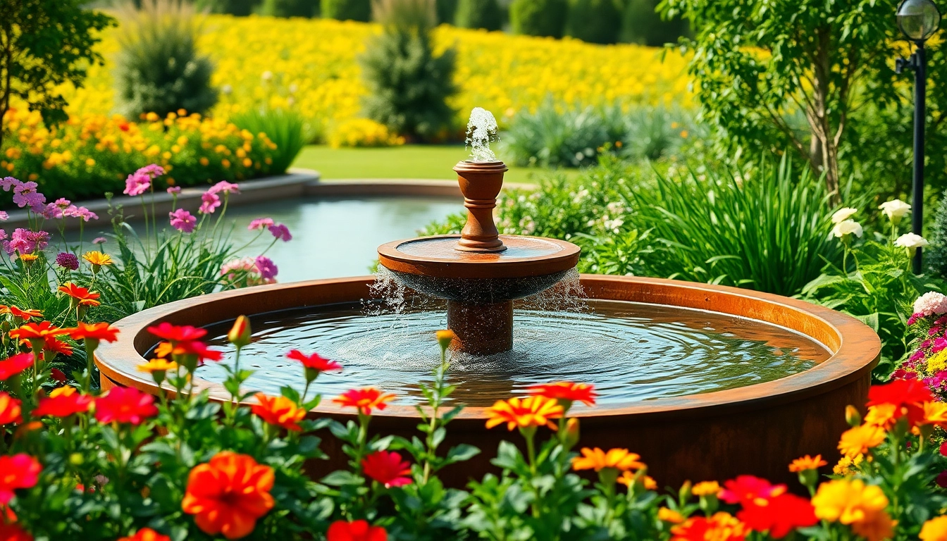 Schöner Cortenstahl Brunnen in einem einladenden Gartenszenario mit sanft fließendem Wasser.