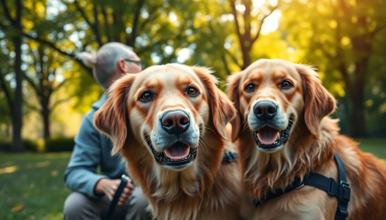 Psychiatric service dogs for sale providing support to their handlers in a peaceful outdoor environment.