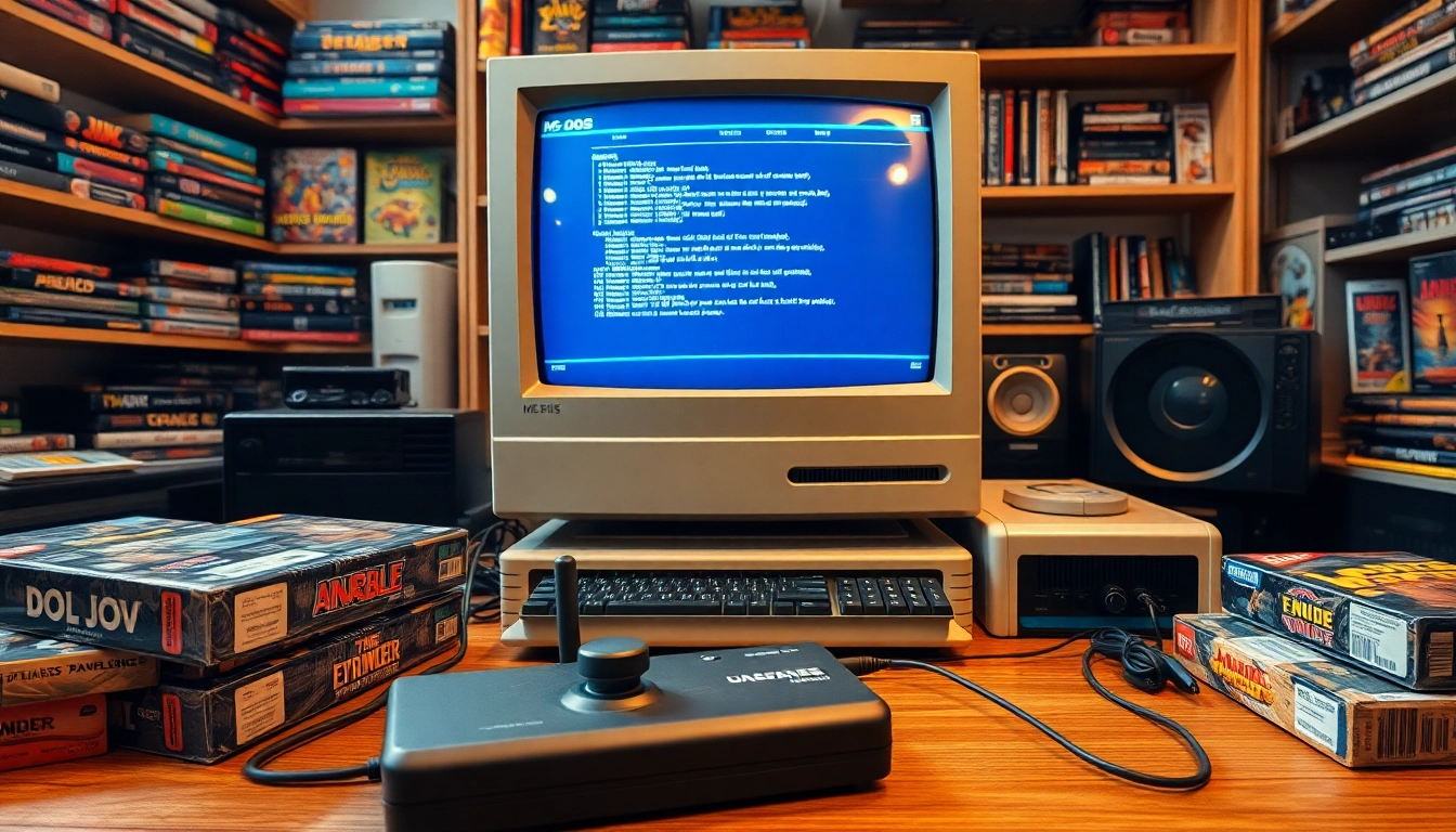 Engaging scene highlighting dos games download with a vintage computer setup and iconic game boxes.
