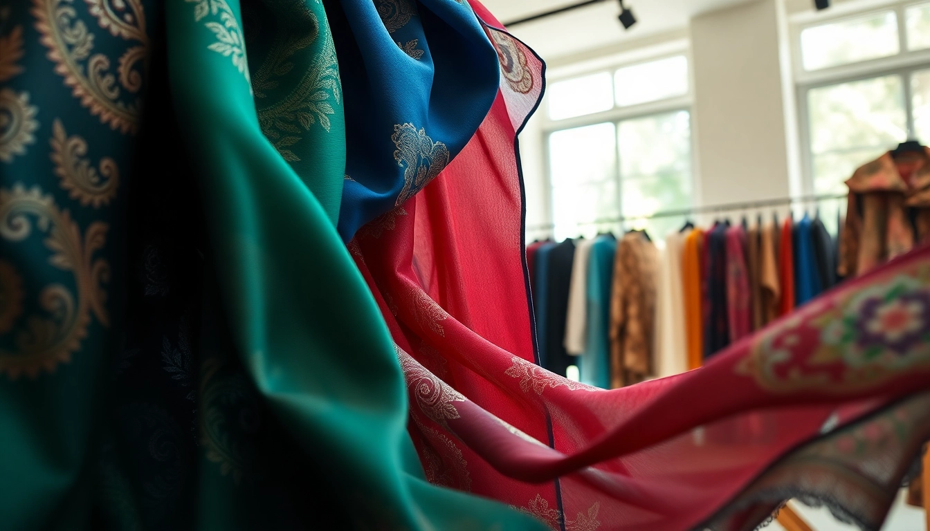 Showcasing stylish scarves in vibrant colors, featuring intricate designs and luxurious textures.