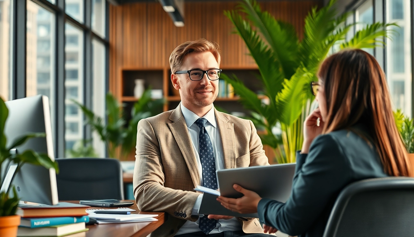 Environmental lawyer advising clients in a modern, eco-friendly office.