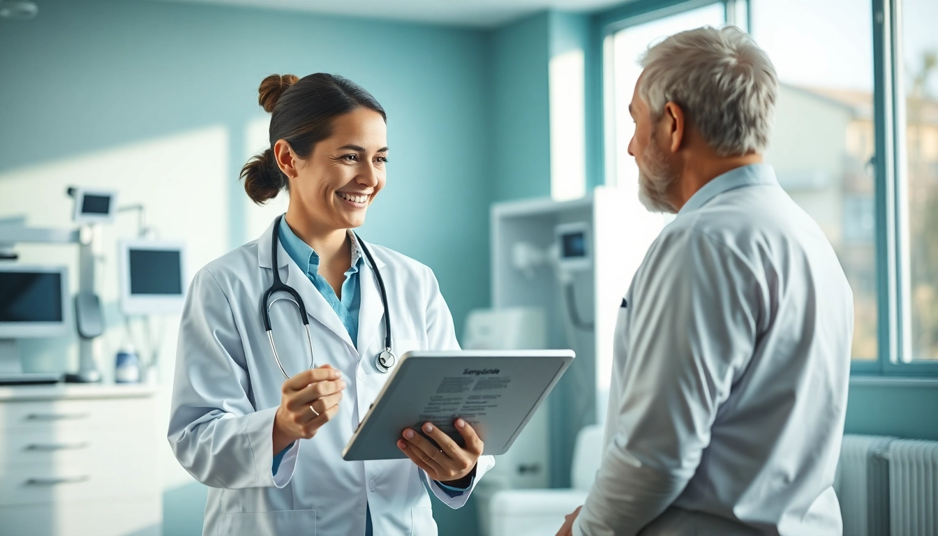 Practitioner educating a patient on Semaglutide benefits in a calming clinic environment.