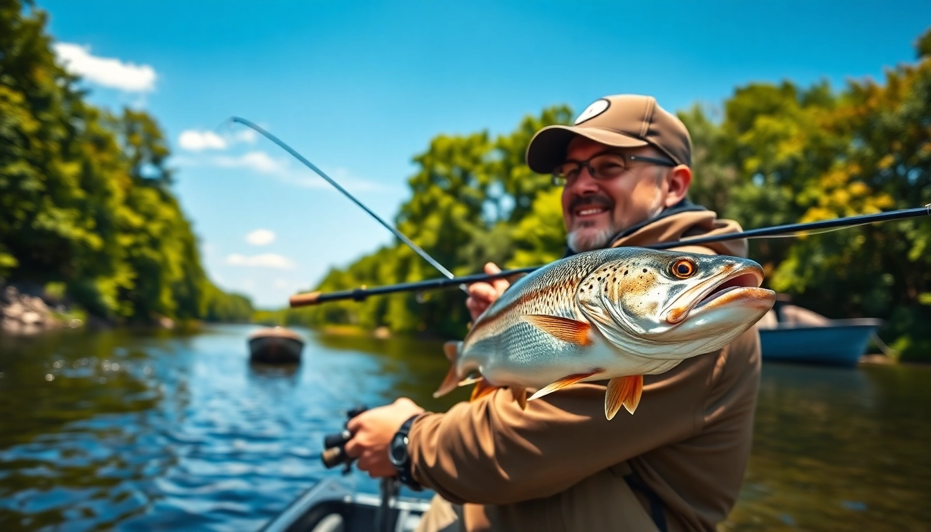 Angler engaged in fly fishing for bass in a tranquil river setting, showcasing natural beauty and focus.
