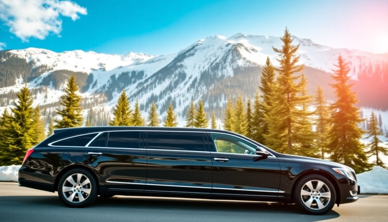 Experience luxurious YVR to Whistler car service in a sleek limousine against a mountain backdrop.
