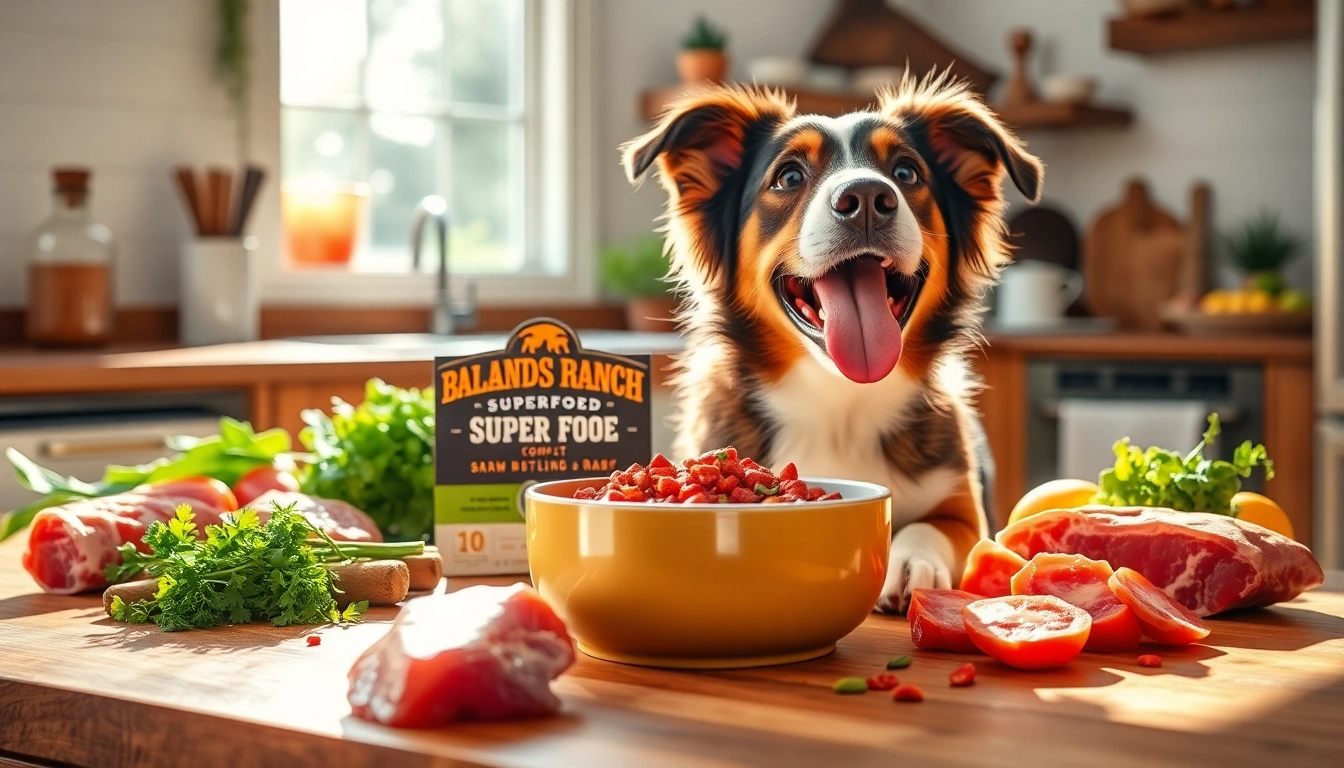 Happy dog enjoying badlands ranch superfood complete in a bright kitchen surrounded by fresh ingredients.