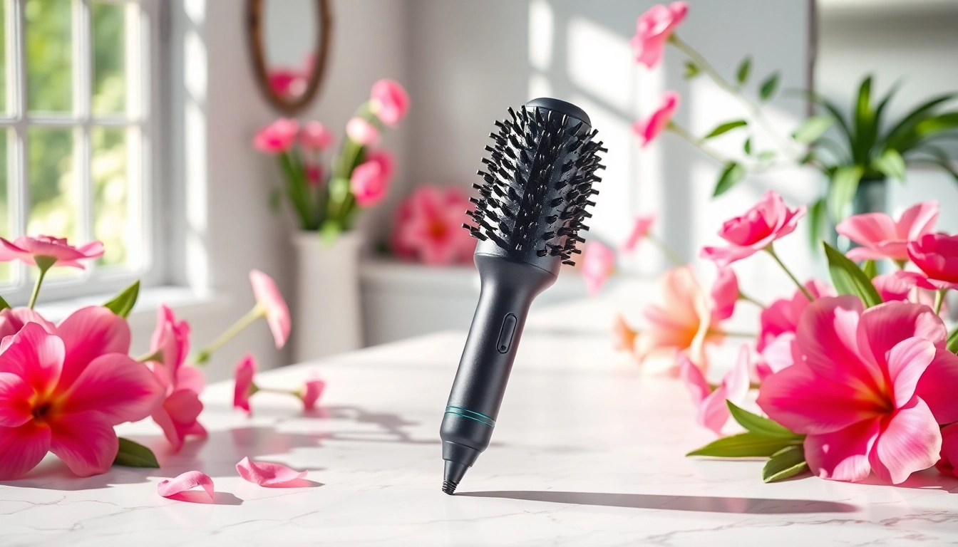 Using Hair Dryer Brush 7 in 1 to style hair with sleek attachments and vibrant surroundings.