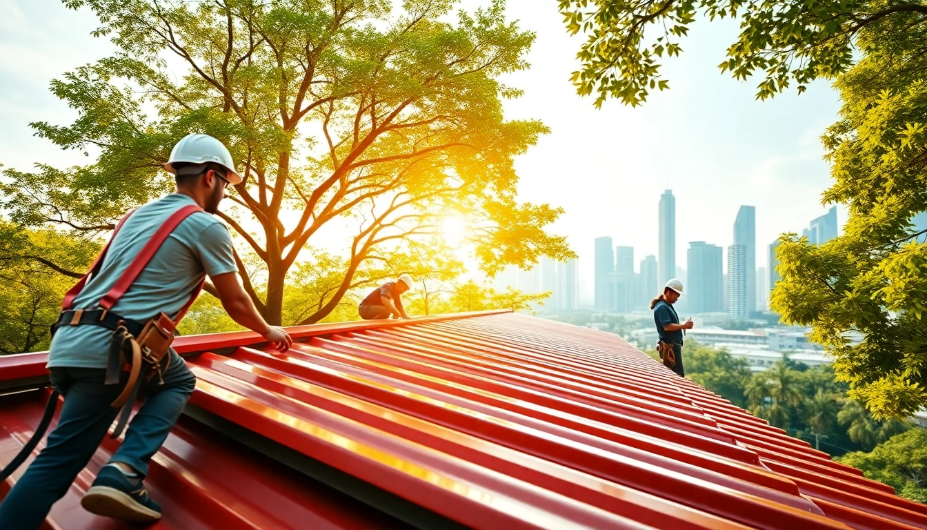Roofing Singapore team expertly installing metal roofing panels on a building in a vibrant urban setting.