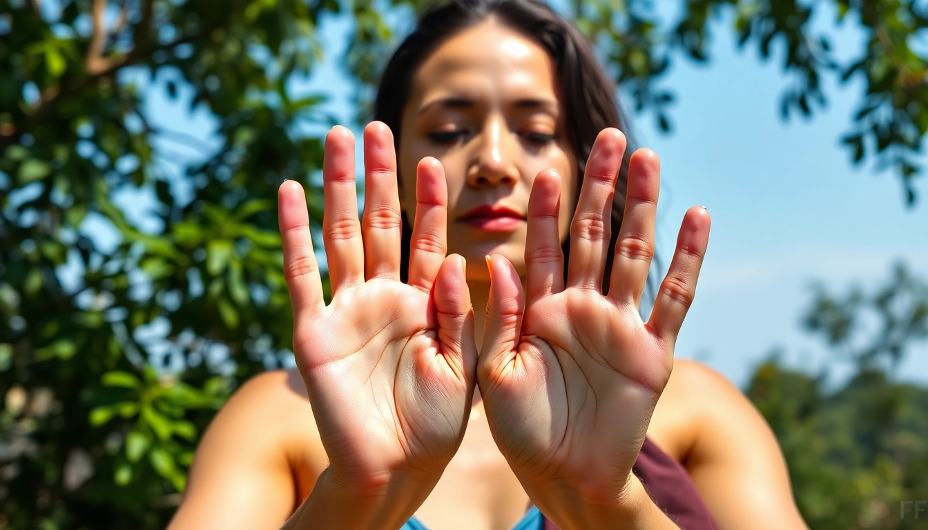 Engaging in yoga mudras with hands displayed prominently against nature.