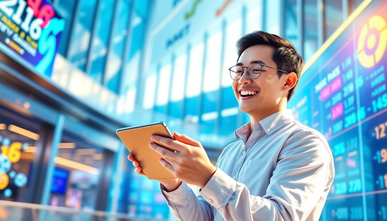 Discover a vibrant scene of a person engaging with their winning 4d online lottery ticket on a tablet.