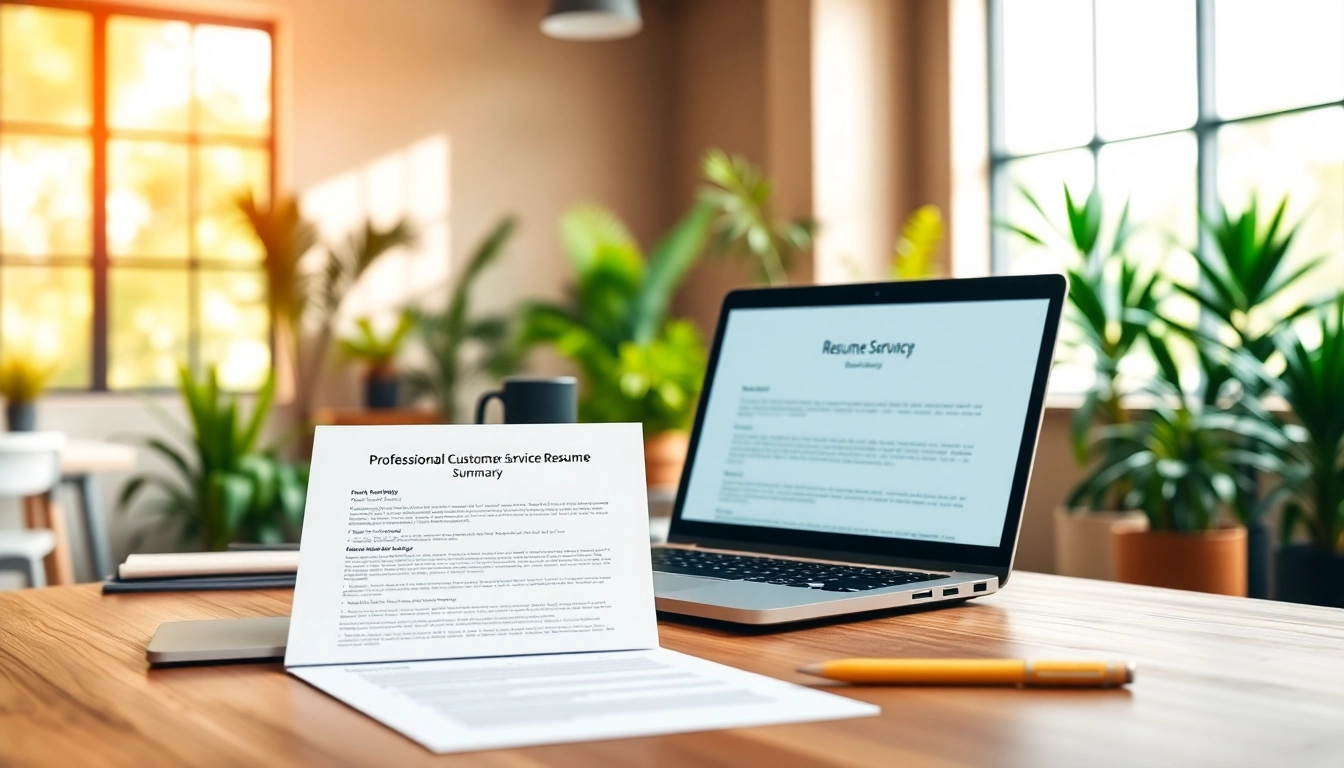 Highlight customer service resume summary on a desk blended with modern office elements.