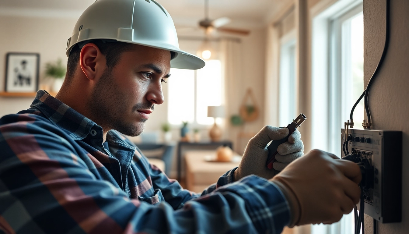 Electrician Clearwater working diligently on residential wiring in a bright home.
