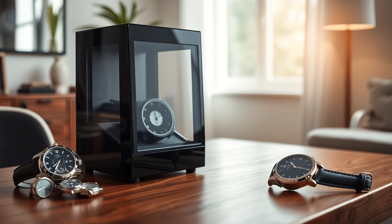 Showcase an elegant watch winder with luxury automatic watches in a sophisticated setting.