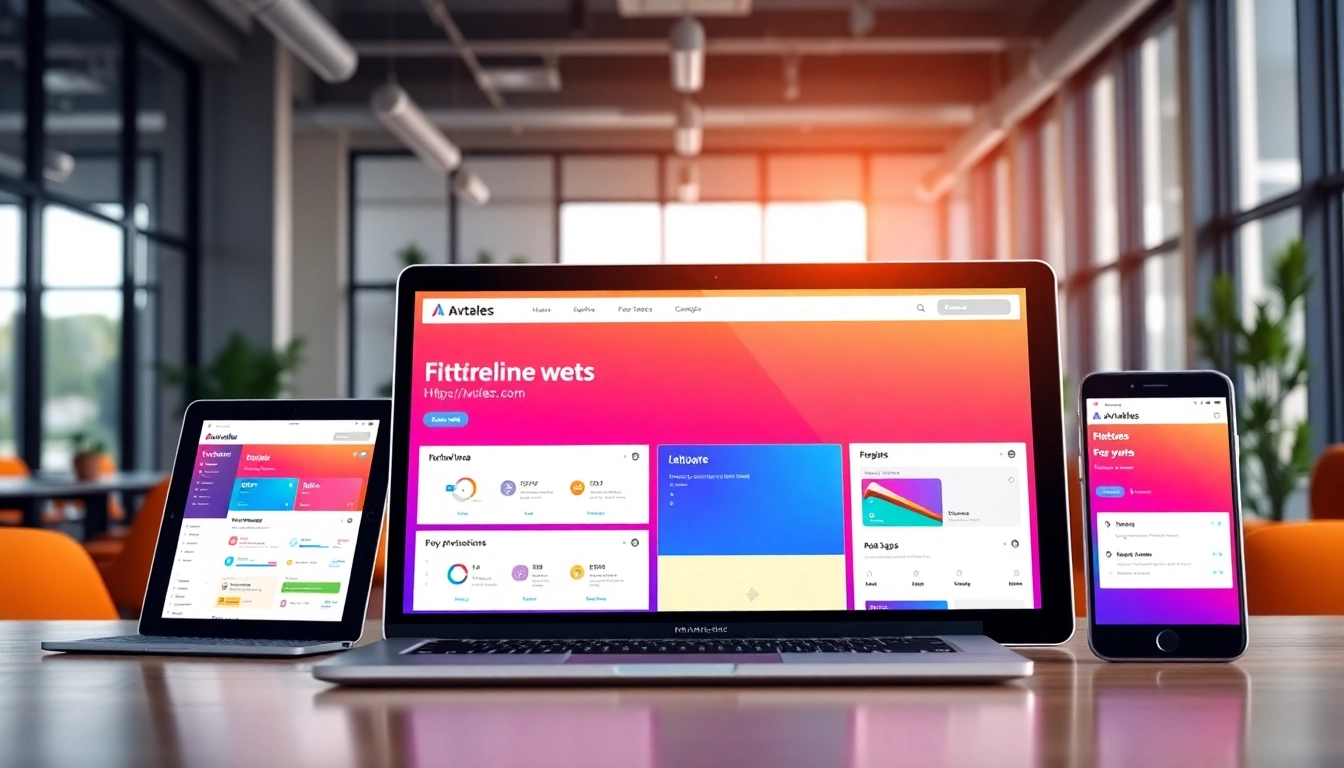 View of a web design interface for http://Avtales.com showcased on modern devices in a vibrant office.