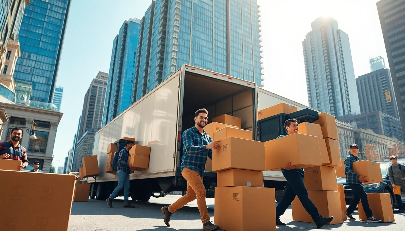 Movers in Toronto area efficiently loading a truck with furniture during a sunny day.